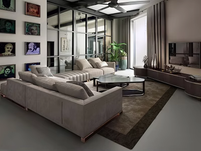 Modern Living Room Interior Design With Gray Sofas Glass Coffee Table And Wall Art 3d model