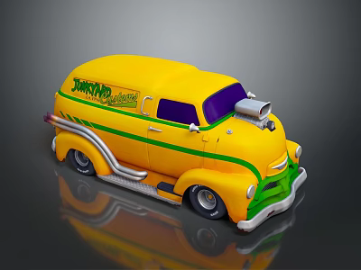 Yellow Vintage Van With JIMMY'S Lettering Green Stripes Purple Windows And Silver Exhaust Pipe 3d model