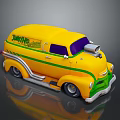 Yellow Vintage Van With JIMMY'S Lettering Green Stripes Purple Windows And Silver Exhaust Pipe