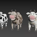 Three Cute Colorful Cartoon Cow Characters With Pink Noses And Different Patterns