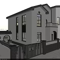 Two Story White Detached Villa Exterior With Round Tower Balcony Arched Door And Trees