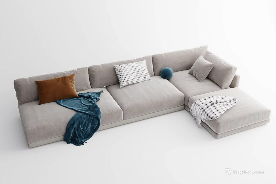 Light Gray L shaped Sectional Sofa With Brown Patterned Pillows And Blue Throw Blanket 3d model