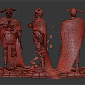 Warrior Character In Blue Cloak With Gold Patterns Winged Helmet Weapon Pink Petals Circular Base