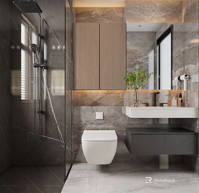 Modern Luxury Bathroom With Marble Walls Wall Mounted Toilet Wooden Cabinets Vanity Greenery And Mirror 3d model 