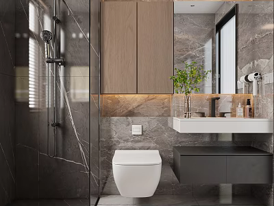 Modern Luxury Bathroom With Marble Walls Wall Mounted Toilet Wooden Cabinets Vanity Greenery And Mirror 3d model