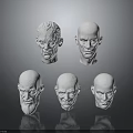 Five Detailed White Human Head Sculptures On Dark Background With Reflections