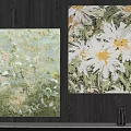 Two Botanical Plant Paintings With White Flowers Yellow Centers Gray Wall And Shelf Decor