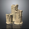 Three Unique Shaped Beige Candles With Melted Drip Texture On Black Smooth Surface Grey Background
