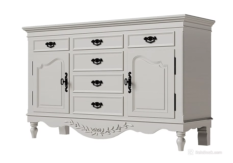 Elegant White Wooden Chest of Drawers With Cabinet Doors Carved Details And Decorative Legs 3d model 
