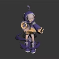 Cute Cartoon Game Character In Purple Outfit Holding Crescent Item With Octopus Tentacles