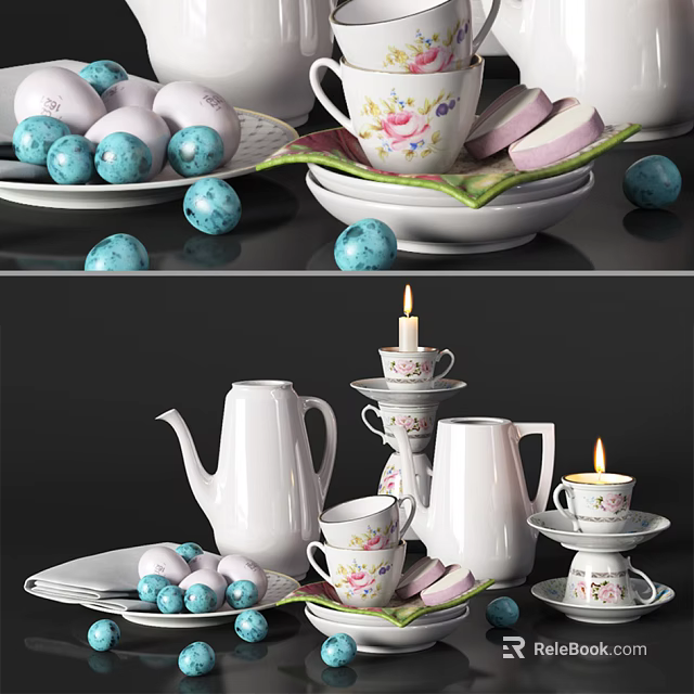 Elegant White Ceramic Tea Set With Floral Pattern And Decorative Candles 3d model