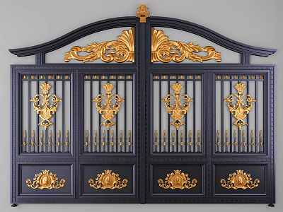 Elegant Black Gate With Gold Ornate Carvings Top Ornamental And Double Door Design 3d model