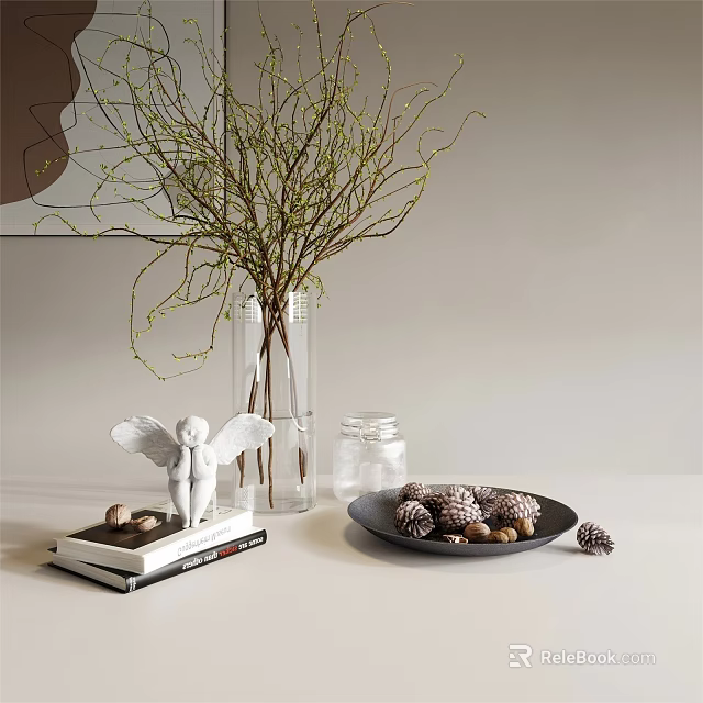 Floral Display In Transparent Vase With Twigs Buds Angel Figurine On Books Pinecones Black Plate 3d model 