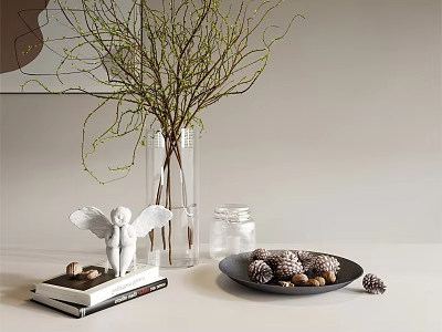 Floral Display In Transparent Vase With Twigs Buds Angel Figurine On Books Pinecones Black Plate 3d model