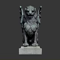 Silver Winged Lion Statue Standing On Square Stone Pedestal