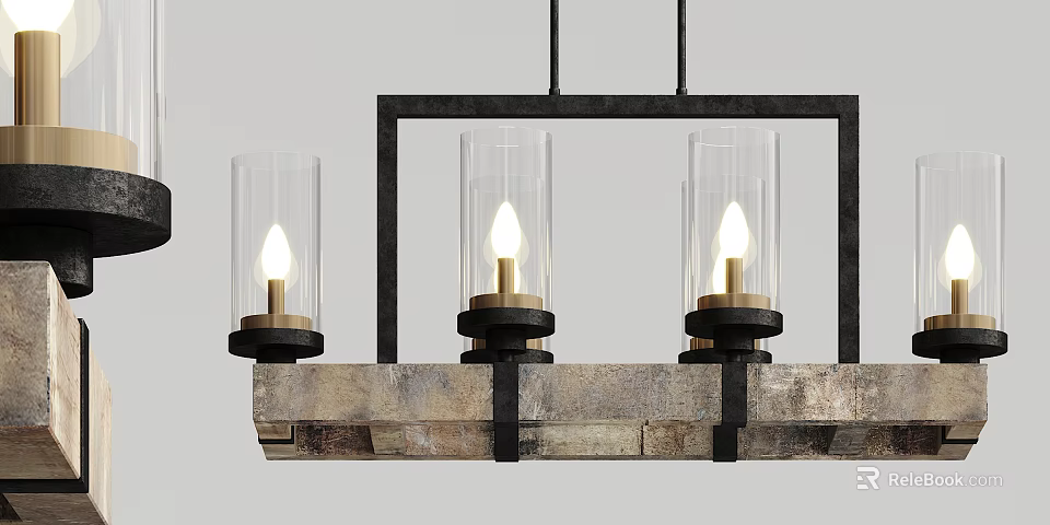 Rustic Industrial Chandelier With Three Glass Shades Metal Frame And Lit Bulbs 3d model 