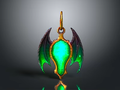 Elegant Golden Pendant With Green Glowing Gemstone And Decorative Wing Design 3d model