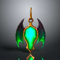 Elegant Golden Pendant With Green Glowing Gemstone And Decorative Wing Design