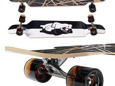 Fitness Skateboard with Black Gold Patterns White Deck Cartoon Graphic Brown Wheels and Metal Trucks 3d model