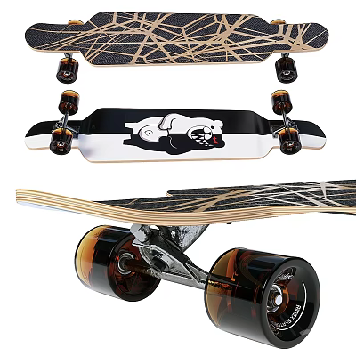 Fitness Skateboard with Black Gold Patterns White Deck Cartoon Graphic Brown Wheels and Metal Trucks 3d model