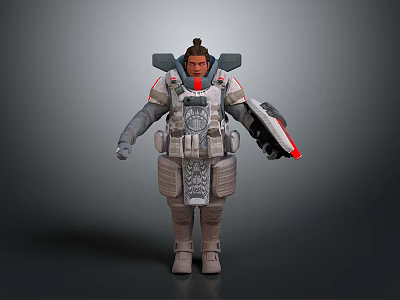 Futuristic Sci Fi Character In Heavy Armor With Backpack And Weapon 3d model