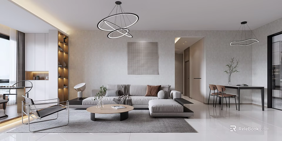 Modern Living Dining Room Interior With Round Chandelier And Sofa 3d model 