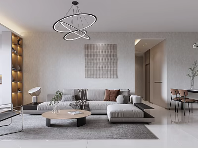 Modern Living Dining Room Interior With Round Chandelier And Sofa 3d model
