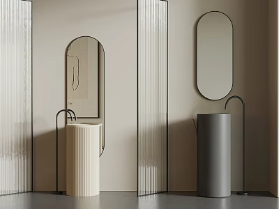 Modern Bathroom With Beige Gray Cylindrical Washbasins Black Faucets Oval Mirrors Vertical Striped Glass Partitions 3d model
