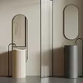 Modern Bathroom With Beige Gray Cylindrical Washbasins Black Faucets Oval Mirrors Vertical Striped Glass Partitions