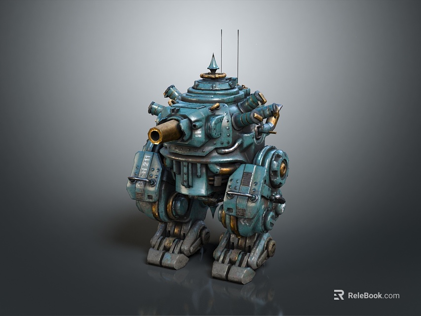 Smart Machine With Teal Colored Mechanical Structure Legs Cannon And Antenna 3d model 