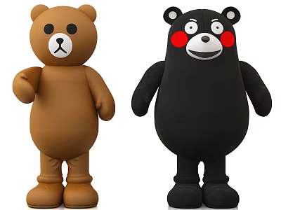 Cute Stuffed Bear Dolls Brown And Black With Red Cheeks Standing 3d model