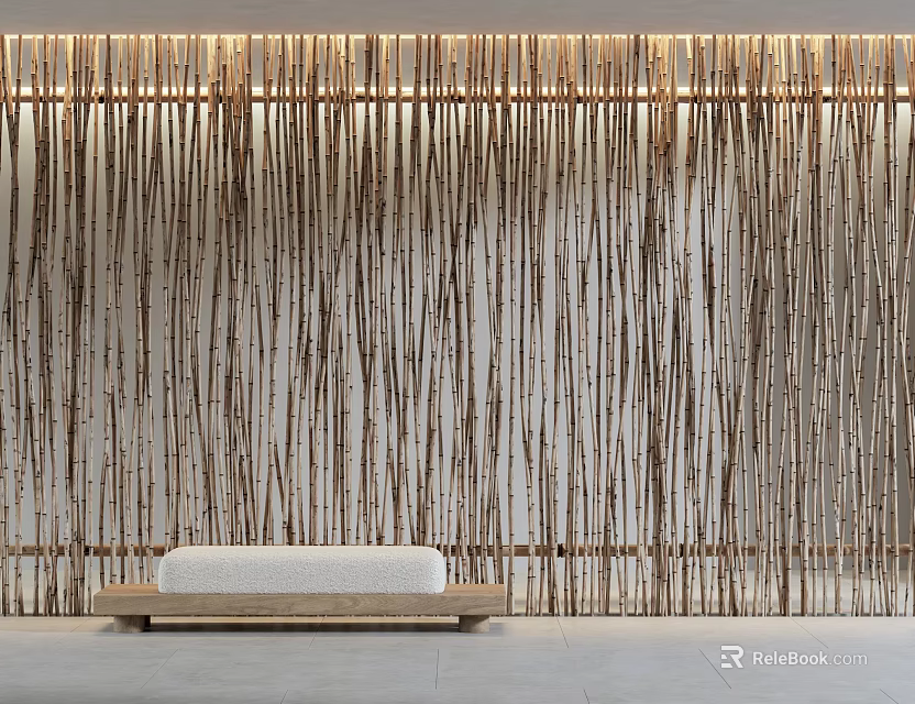 Modern Interior With Vertical Wooden Slat Partition And Light Colored Bench 3d model