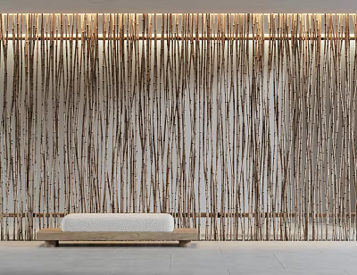Modern Interior With Vertical Wooden Slat Partition And Light Colored Bench 3d model