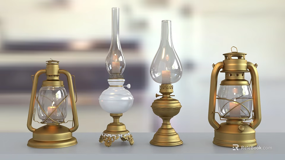 Antique Oil Lamps With Golden Bases Glass Shades And Various Designs 3d model 