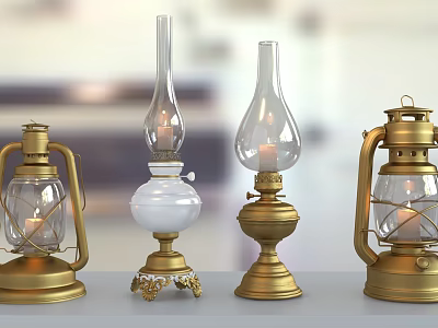 Antique Oil Lamps With Golden Bases Glass Shades And Various Designs 3d model