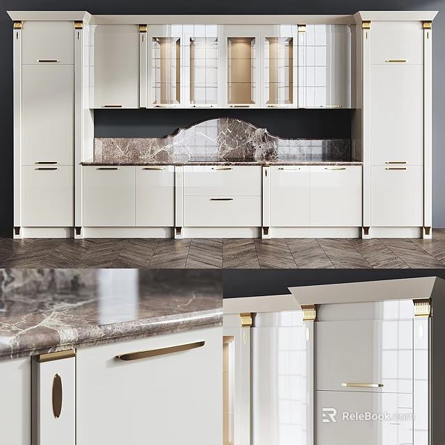 Modern Kitchen Interior With White Cabinets Marble Countertop And Gold Handles 3d model 