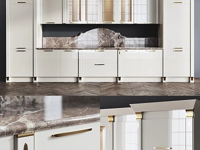 Modern Kitchen Interior With White Cabinets Marble Countertop And Gold Handles 3d model