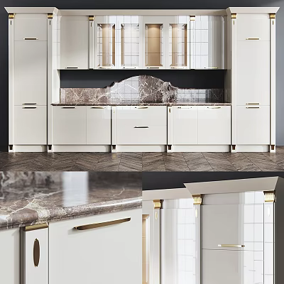 Modern Kitchen Interior With White Cabinets Marble Countertop And Gold Handles 3d model