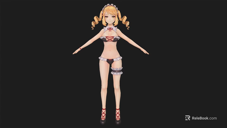 Anime Woman with Twin Tails in Maid Outfit Red White Clothing Black Stockings Red Shoes 3d model 