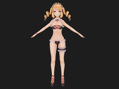 Anime Woman with Twin Tails in Maid Outfit Red White Clothing Black Stockings Red Shoes 3d model