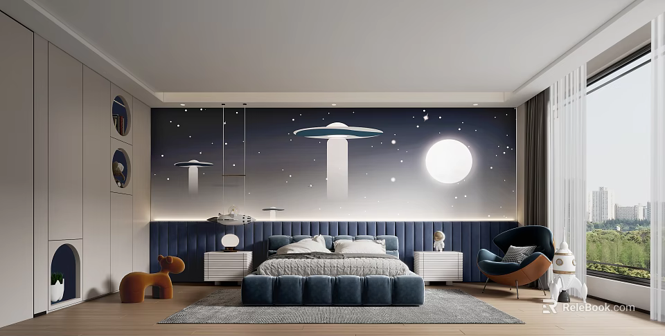 Kids Bedroom With Space UFO Mural And Modern Decor 3d model 