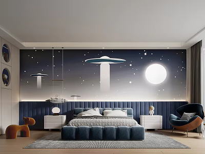 Kids Bedroom With Space UFO Mural And Modern Decor 3d model