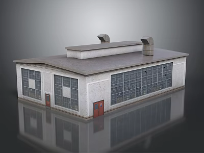 Cartoon Scene Industrial Building With Gray Walls Red Doors Large Windows Roof Vents and Reflection 3d model