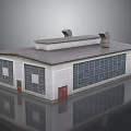 Cartoon Scene Industrial Building With Gray Walls Red Doors Large Windows Roof Vents and Reflection