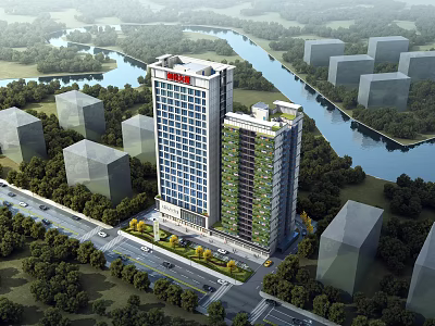 Aerial View Planning of High Rise Buildings with Green Vegetation Near River Roads and Trees 3d model
