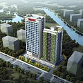 Aerial View Planning of High Rise Buildings with Green Vegetation Near River Roads and Trees