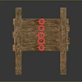 Wooden Sign With Planks And Support Legs Featuring Red Symbols Design