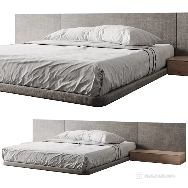 Minimalist Double Bed With Gray Fabric Headboard Linen Bedding And Wooden Nightstand 3d model 