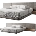 Minimalist Double Bed With Gray Fabric Headboard Linen Bedding And Wooden Nightstand