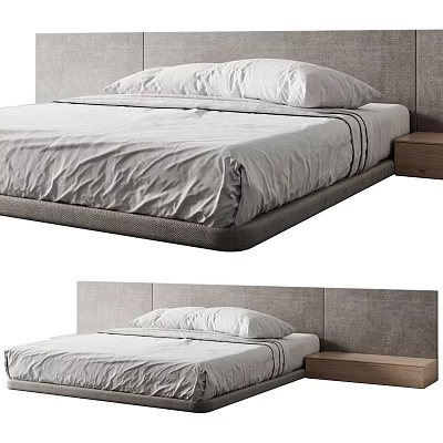 Minimalist Double Bed With Gray Fabric Headboard Linen Bedding And Wooden Nightstand 3d model